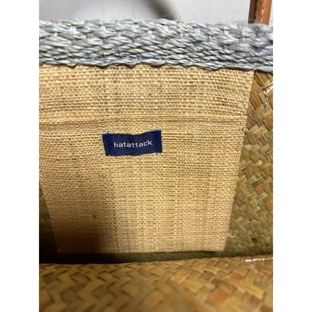 Hatattack Blue Striped Woven Straw Beach Leather Handle Tote Bag Purse Shopper